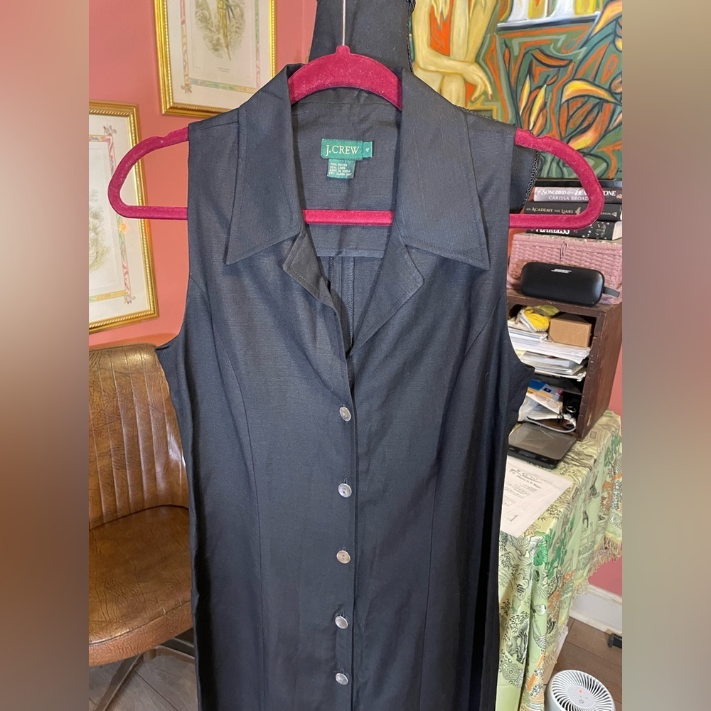 Vintage 90s J. Crew Black Linen Blend Button Down Collar Maxi Dress Size 4 - Picture 2 of 7